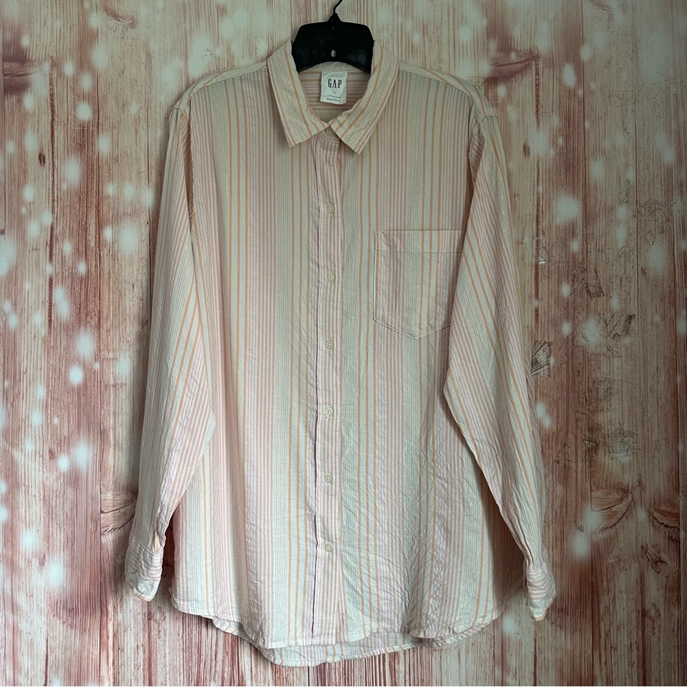 Gap The Easy Shirt Pink & Orange Stripe Gold Lurex  Long Sleeve Button Front Top